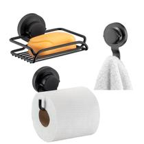 Kit Banheiro 3 Peças Suporte Porta Papel Higiênico Saboneteira Gancho Com Ventosa Preto Fosco - Future