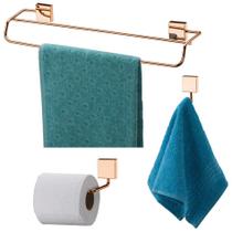 Kit Banheiro 3 Peças Toalheiro Duplo 45cm Gancho Porta Papel Higiênico Cobre Rose Gold - Future