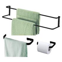 Kit Banheiro 3 Peças Toalheiro Duplo Porta Toalha Suporte Papel Higiênico Parede Preto Fosco - Future