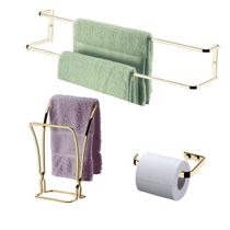 Kit Banheiro 3 Peças Toalheiro Porta Tolha Duplo Suporte Papel Higiênico Dourado - Future