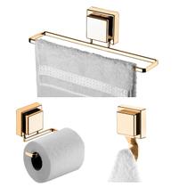 Kit Banheiro 3 Peças Toalheiro Suporte Porta Papel Higiênico Gancho Ventosa Dourado - Future