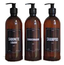 Kit Banheiro 4 Frasco Âmbar Pet 500ml Shampoo Condicionador