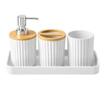 Kit Banheiro 4 Peças Branco Bambu Luxo Porta Escova Dispenser Suporte Sabonete Acessórios Modernos - JFZ IMPORT Kit Banheiro 4 Peças Branco Bambu Luxo Porta Escova Dispenser Suporte Sabonete Acessórios Modernos - JFZ IMPORT
