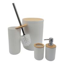 Kit Banheiro 4 Peças Completo Lixeira Porta Escova Sabonete Bambu