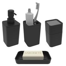 Kit Banheiro 4 Peças Dispenser Sabonete Líquido Saboneteira Porta Escova Algodão Cotonete Preto - Soprano Kit Banheiro 4 Peças Dispenser Sabonete Líquido Saboneteira Porta Escova Algodão Cotonete Preto - Soprano