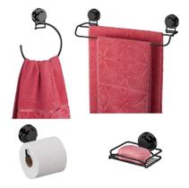 Kit Banheiro 4 Peças Porta Toalha Argola Papeleira Saboneteira Ventosa Preto Ônix - Future