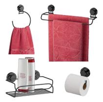 Kit Banheiro 4 Peças Porta Toalha Argola Suporte Shampoo Papeleira Ventosa Preto Ônix - Future