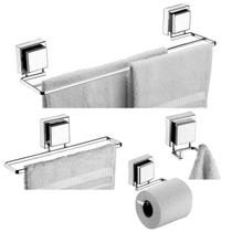 Kit Banheiro 4 Peças Porta Toalha Toalheiro Duplo Suporte Papel Higiênico Gancho Ventosa Cromado - Future