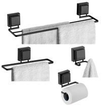Kit Banheiro 4 Peças Porta Toalha Toalheiro Duplo Suporte Papel Higiênico Gancho Ventosa Preto Fosco - Future