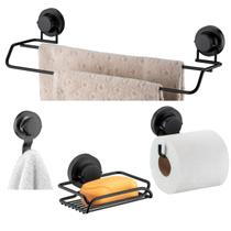 Kit Banheiro 4 Peças Toalheiro Duplo Suporte Porta Papel Higiênico Saboneteira Gancho Ventosa Preto Fosco - Future