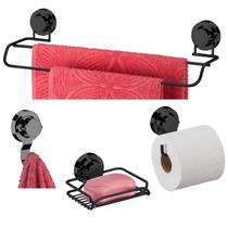 Kit Banheiro 4 Peças Toalheiro Duplo Suporte Porta Papel Higiênico Saboneteira Gancho Ventosa Preto Ônix - Future