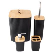 Kit Banheiro 4pç Preto Plastico Pp e Bambu Ref F0478