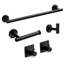 Kit Banheiro 5 Peças Preto Fosco Aço Inox Porta Toalha Papel Higiênico e Ganchos