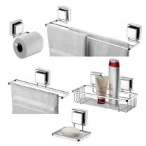 Kit Banheiro 5 Peças Toalheiro Porta Shampoo Saboneteira Suporte Papel Higiênico Ventosa Cromado - Future