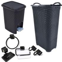 Kit Banheiro 5Pç Preto + Lixeira Rattan 7L +Cesto Rattan 50L