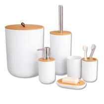 Kit Banheiro 6 Peças Branco c/ Bambu Luxo Porta Escova Dispenser Lixeira Suporte Sabonete Acessórios Kit Banheiro 6 Peças Branco c/ Bambu Luxo Porta Escova Dispenser Lixeira Suporte Sabonete Acessórios