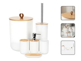 Kit Banheiro 6 Peças Elegance Branco com Detalhes em Bambu Kit Banheiro 6 Peças Elegance Branco com Detalhes em Bambu