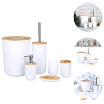 Kit Banheiro 6 Peças Em Bambu Lixeira 5l Escova Sanitária Lavabo