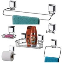 Kit Banheiro 6 Peças Toalheiro Porta Shampoo Sabonete Suporte Papel Higiênico Gancho Duplo Ventosa Aço Inox - Future