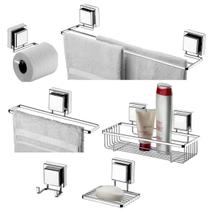 Kit Banheiro 6 Peças Toalheiro Porta Shampoo Sabonete Suporte Papel Higiênico Gancho Duplo Ventosa Cromado - Future