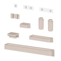 Kit Banheiro 8 Peças Saboneteira + Porta Papel Higiênico + Porta Shampoo + 2 Dispenser Shampoo + Toalheiro + 2 Ganchos + Adesivos Bege Ou