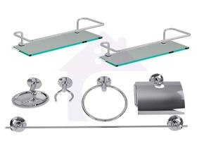 Kit Banheiro Acessórios Aço Inox 5 Peças + 2 Porta Shampoo