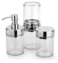 Kit Banheiro Acessórios Lavabo Acquaset Transparente 3 Peças Porta Escova Algodão Dispenser Sabonete Liquido Kit Banheiro Acessórios Lavabo Acquaset Transparente 3 Peças Porta Escova Algodão Dispenser Sabonete Liquido