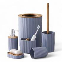 Kit Banheiro Acessórios Lavabo Bambu Lixeira Com 6 Peças Cinza