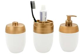Kit Banheiro Acessórios Lavabo Branco Dourado 3 Peças Forma Dispenser Sabonete Líquido Porta Escovas Cotonote Hastes Algodão Kit Banheiro Acessórios Lavabo Branco Dourado 3 Peças Forma Dispenser Sabonete Líquido Porta Escovas Cotonote Hastes Algodão
