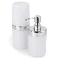 Kit Banheiro Acessórios Pia Lavabo Acquaset Branco 2 Peças Dispenser Sabonete Líquido Porta Escova Dental