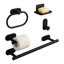 Kit Banheiro Aço Inox 5 Peças Adesivas Com Design Moderno Kit Banheiro Aço Inox 5 Peças Adesivas Com Design Moderno