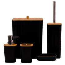 Kit Banheiro Bambu 5 Peças Black Lixeira Escova Prático