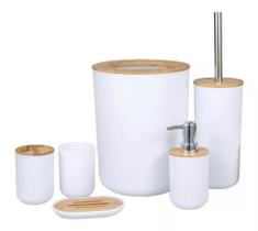 Kit Banheiro Bambu Lixeira Saboneteira 6 Peças Branco