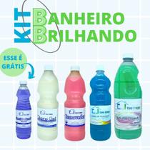 Kit banheiro brilhando - cloro gel 1l + sabao querosene 1l + desinfetante 2l+ removedor rosa 1l+ brinde alcool 500ml Kit banheiro brilhando - cloro gel 1l + sabao querosene 1l + desinfetante 2l+ removedor rosa 1l+ brinde alcool 500ml