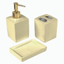 Kit Banheiro Cerâmica 3 Peças Dispenser/ Porta Escova/ Saboneteira Art House Bege/Dourado REF: IZ1926