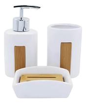Kit Banheiro Cerâmica Saboneteira Porta Escova Bambu 3 Peças Conjunto Organização Decoração Lavabo Kit Banheiro Cerâmica Saboneteira Porta Escova Bambu 3 Peças Conjunto Organização Decoração Lavabo