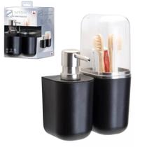 Kit Banheiro com Dispenser Sabonete Líquido e Porta Escova de Dente Parede Adesivo 3M Sem Furo Kit Banheiro com Dispenser Sabonete Líquido e Porta Escova de Dente Parede Adesivo 3M Sem Furo