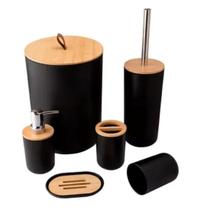 Kit Banheiro Com Tampa De Bambu Com 6 Peças Lixeira Fechada Kit Banheiro Com Tampa De Bambu Com 6 Peças Lixeira Fechada