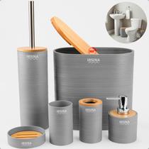 Kit Banheiro Completo Acessórios De Bambu Moderno Com Tampa Kit Banheiro Completo Acessórios De Bambu Moderno Com Tampa
