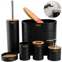 Kit Banheiro Completo Acessórios De Bambu Moderno Com Tampa Kit Banheiro Completo Acessórios De Bambu Moderno Com Tampa