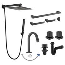 Kit banheiro completo Lavatório com Acessórios e torneira bica baixa 1/4v Preto Black metal premium PMX