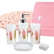 Kit Banheiro Completo Saboneteira Tapete Porta Escovas Cortina Box