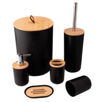 Kit Banheiro Conjunto 6 Peças com Detalhes em Bambu Escova Sanitária, Porta Escova, Dispensador e Saboneteira Kit Banheiro Conjunto 6 Peças com Detalhes em Bambu Escova Sanitária, Porta Escova, Dispensador e Saboneteira