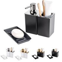 Kit banheiro conjunto dispenser porta escovas e saboneteira cor:preto/aço escovado