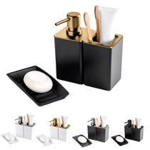 Kit banheiro conjunto dispenser porta escovas e saboneteira cor:preto/dourado fosco