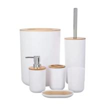Kit Banheiro Conjunto Lavabo Branco 6 Peças Completo Detalhes em Bambu Lixeira Basculante Escova Sanitária