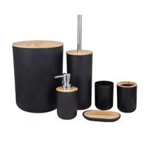 Kit Banheiro Conjunto Lavabo Preto Acessórios 6 Peças Completo com Tampas em Bambu