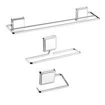 Kit banheiro cromado 3 peças fixaçao por adesivo Norbond Future porta toalha banho duplo, rosto, papeleira