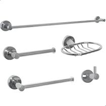 Kit Banheiro Cromado Completo 5 Peças Metal Inox Toalheiro 60 Cm Saboneteira Porta Toalha Rosto Reto Gancho Cabideiro Papeleira Suporte Parede Lavabo