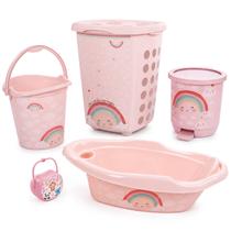Kit Banheiro Do Bebê Completo Arco-Íris Infantil Banheira Cesto De Roupas Balde E Lixeira - Plasutil Kit Banheiro Do Bebê Completo Arco-Íris Infantil Banheira Cesto De Roupas Balde E Lixeira - Plasutil